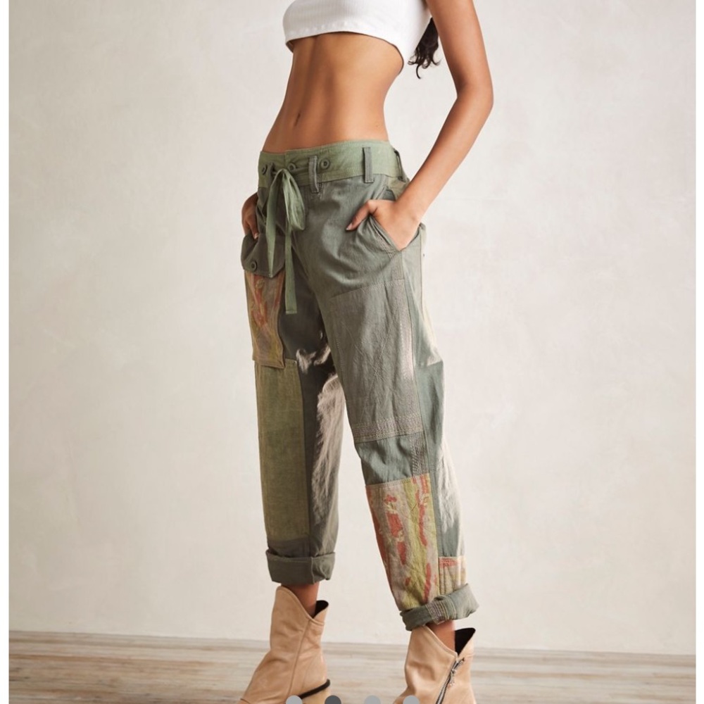 Free People Quiet Nights Quilted Pants Patchwork Mix Print Slouchy Moss …